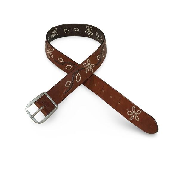 Vintage Nordstrom 1990s Womens Brown Leather Braided Solid  VTG 90s Nordstrom Handmade Leather Floral Stitched Belt Brown Sz M